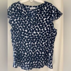 Calvin Klein Women's Top, Ruffle Cap Sleeves, Blue Polka Dot Pattern; Size L